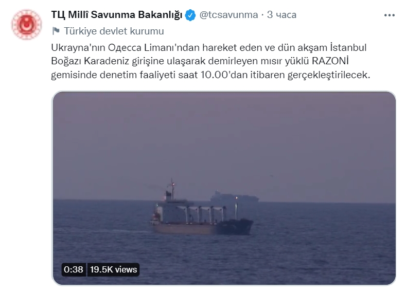 Первый сухогруз с украинским зерном уже проходит контроль в Стамбуле