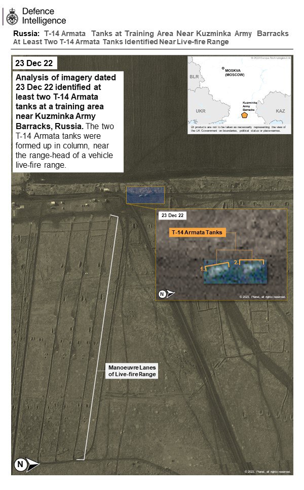 В конце декабря 2022 года на снимках были видны Т-14 на полигоне на юге России