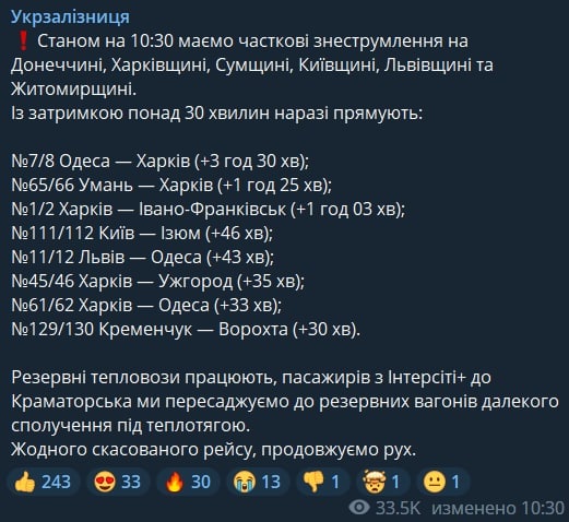 В Украине задерживаются поезда из-за обстрелов 29 декабря, время задержки 