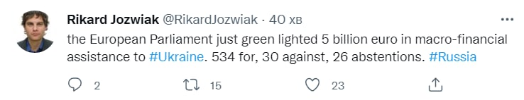 Журналист Рикард Йозвяк сообщил о том, что Европарламент одобрил пакет макрофинансовой помощи Украине в размере &euro;5 млрд