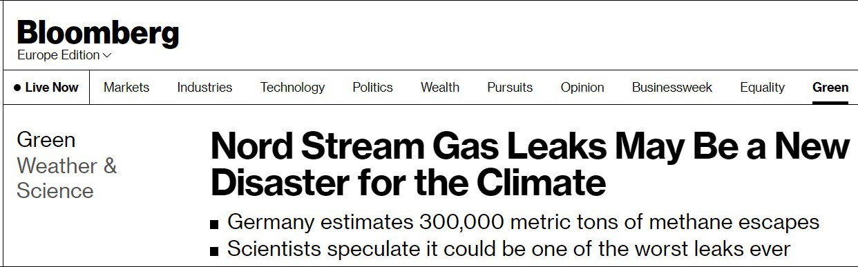 Bloomberg сообщает о том, что авария на Северном потоке рискует спровоцировать не только экономическую катастрофу, но и экологическую