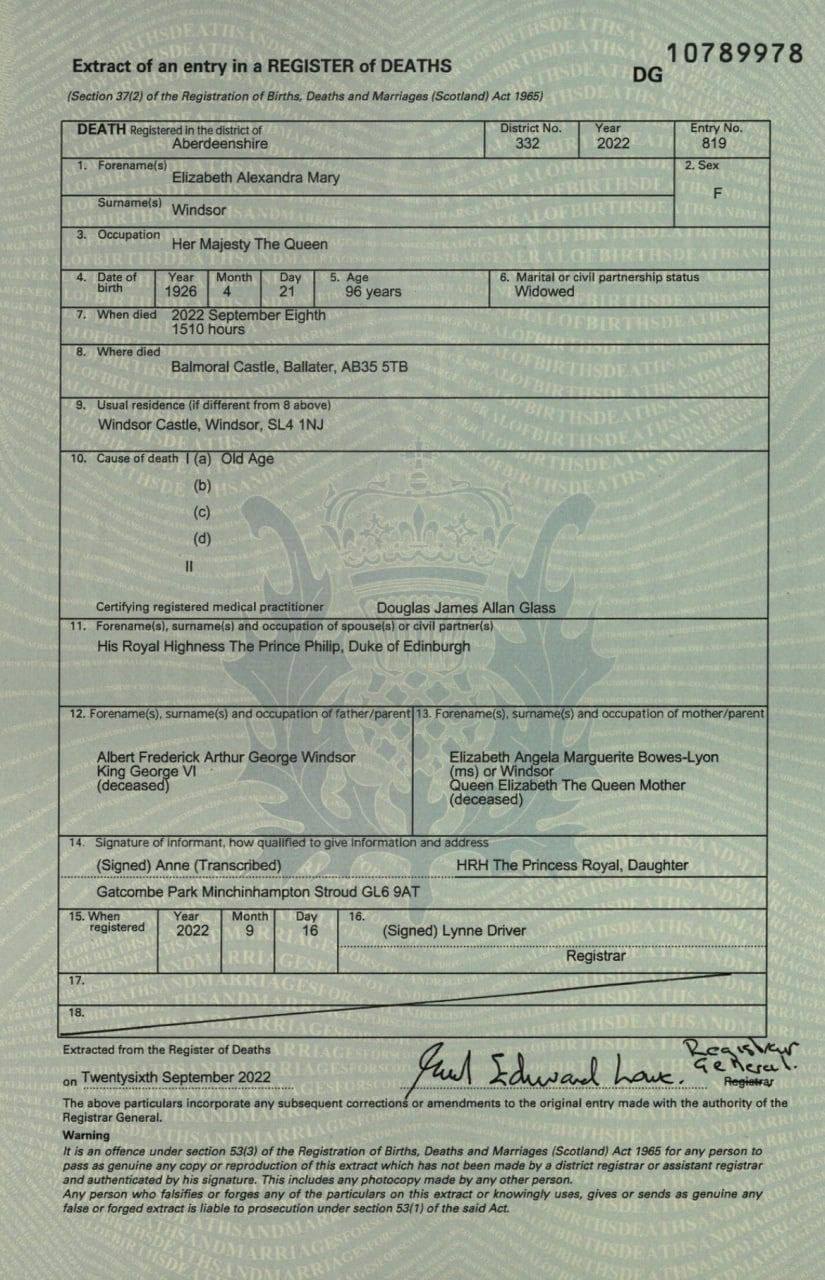 Свидетельство о смерти королевы Елизаветы Второй