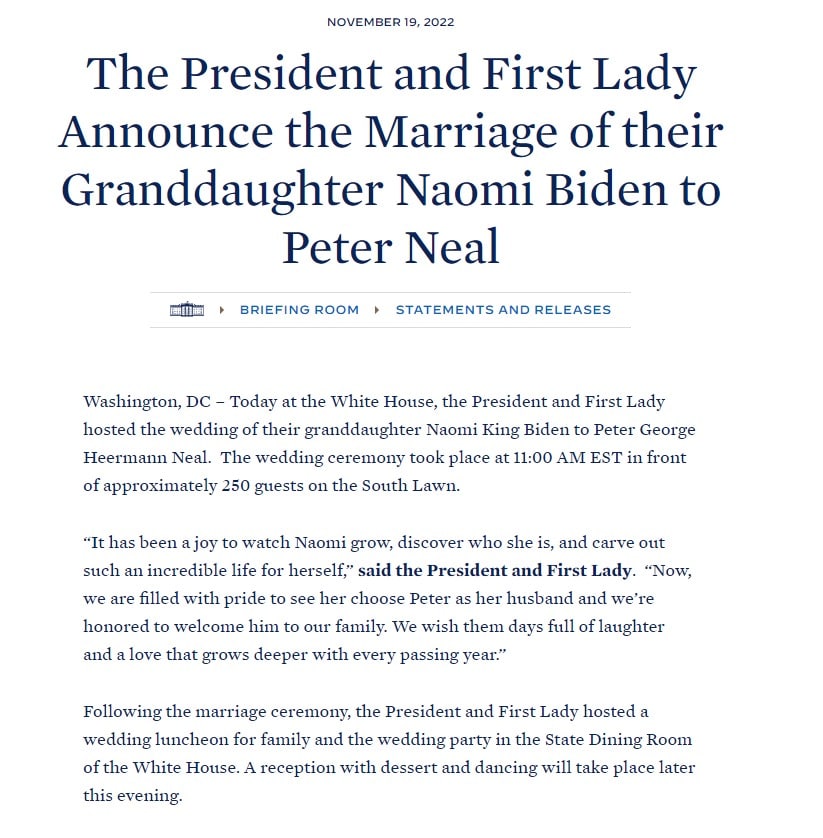 Байден выдал замуж внучку