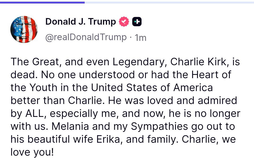 президент США Дональд Трамп заявив про смерть Чарлі Кірка