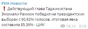 В Таджикистане победил действующий глава страны. Скриншот: В Таджикистане победил действующий глава страны. Скриншот: В Таджикистане победил действующий глава страны. Скриншот: t.me/rian_ru
