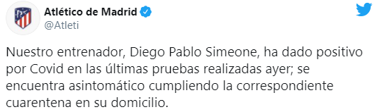 Тренер "Атлетико" Симеоне заразился коронаврусом. Первый матч Примеры может пройти без него. Скриншот: Атлетико в Твиттер