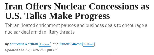 Знімок заголовку на wsj.com &ndash; Іран заявив про прогрес у переговорах із США
