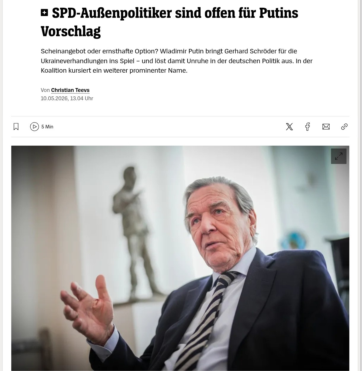 Знімок заголовка на spiegel.de &ndash; Франк-Вальтер Штайнмаєр та Герхарда Шредер можуть стати переговорниками з Росією