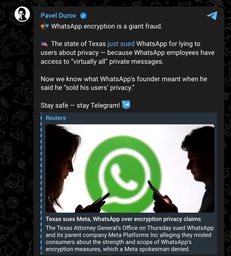 Знімок повідомлення у Телеграм – Павло Дуров звинуватив WhatsApp у шахрайстві