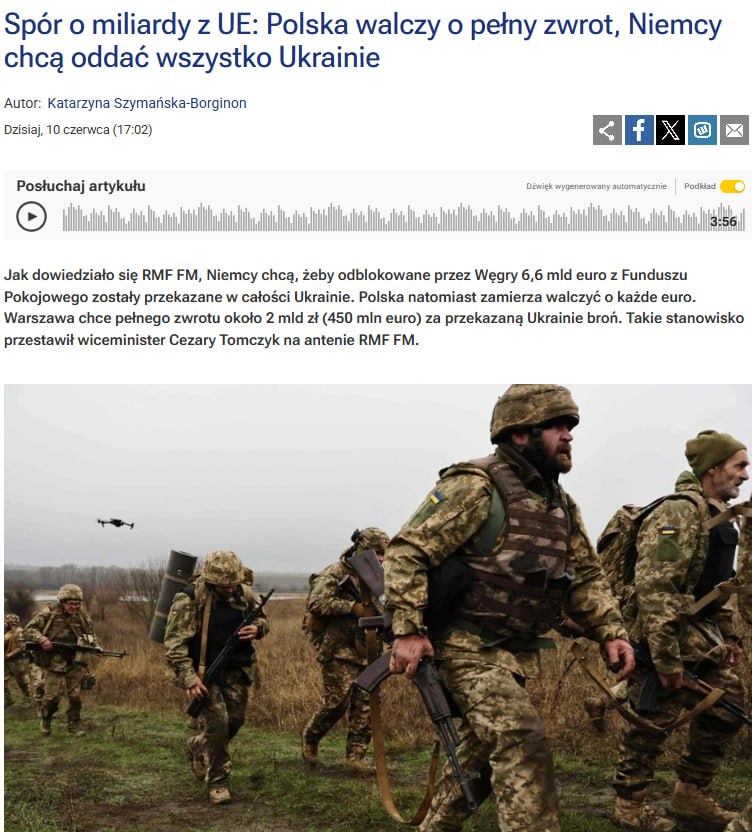 Знімок заголовка на rmf24.pl – Польща блокує європейську допомогу Україні