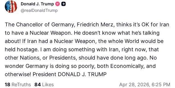 Снимок сообщения на truthsocial.com &ndash; Трамп раскритиковал Мерца за позицию ФРГ в отношении Ирана