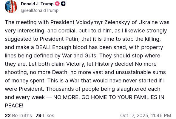 Трамп закликав Путіна та Зеленського зупинити війну в Україні по лінії фронту