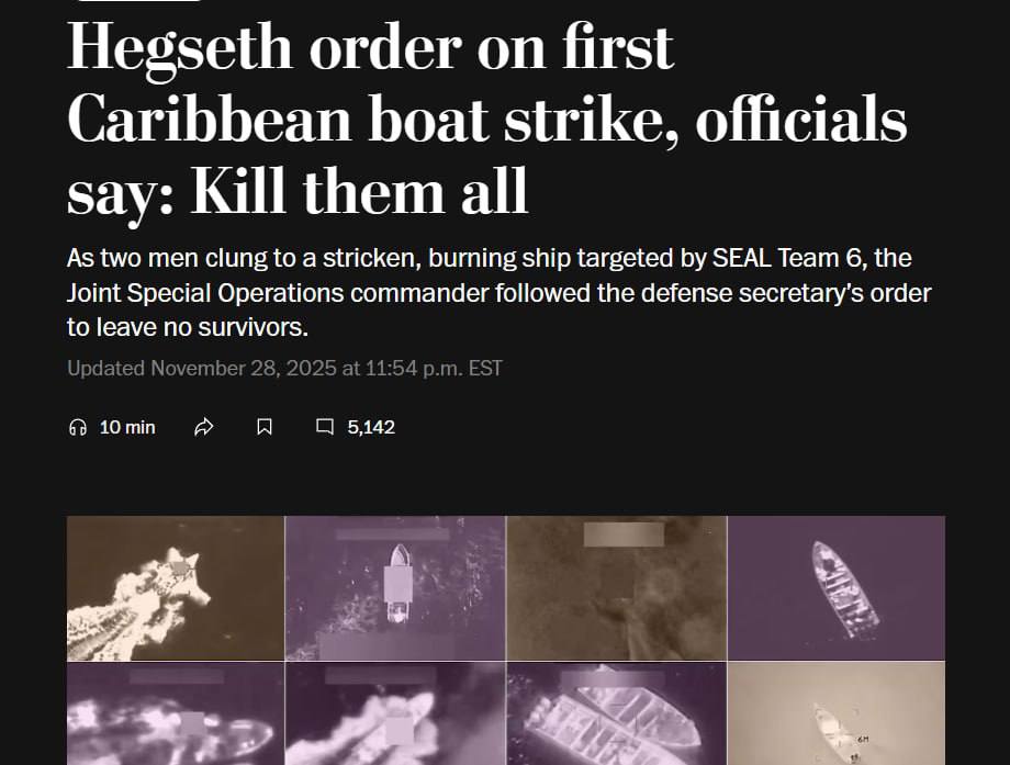Снимок заголовка на washingtonpost.com - Министр США Пит Хегсет отдал приказ убить весь экипаж подозреваемой в наркоторговле лодки