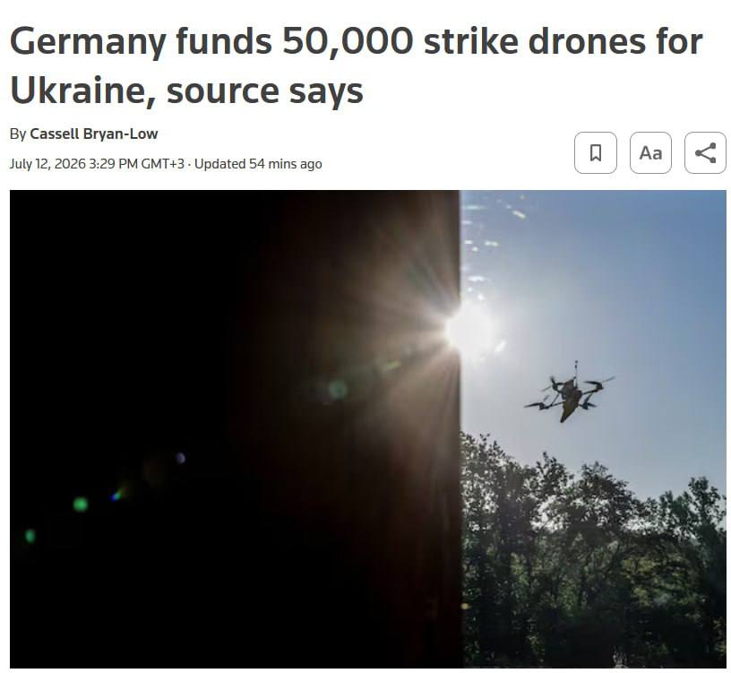 Знімок заголовка на reuters.com &ndash; Німеччина профінансує закупівлю 50 тисяч дронів для України