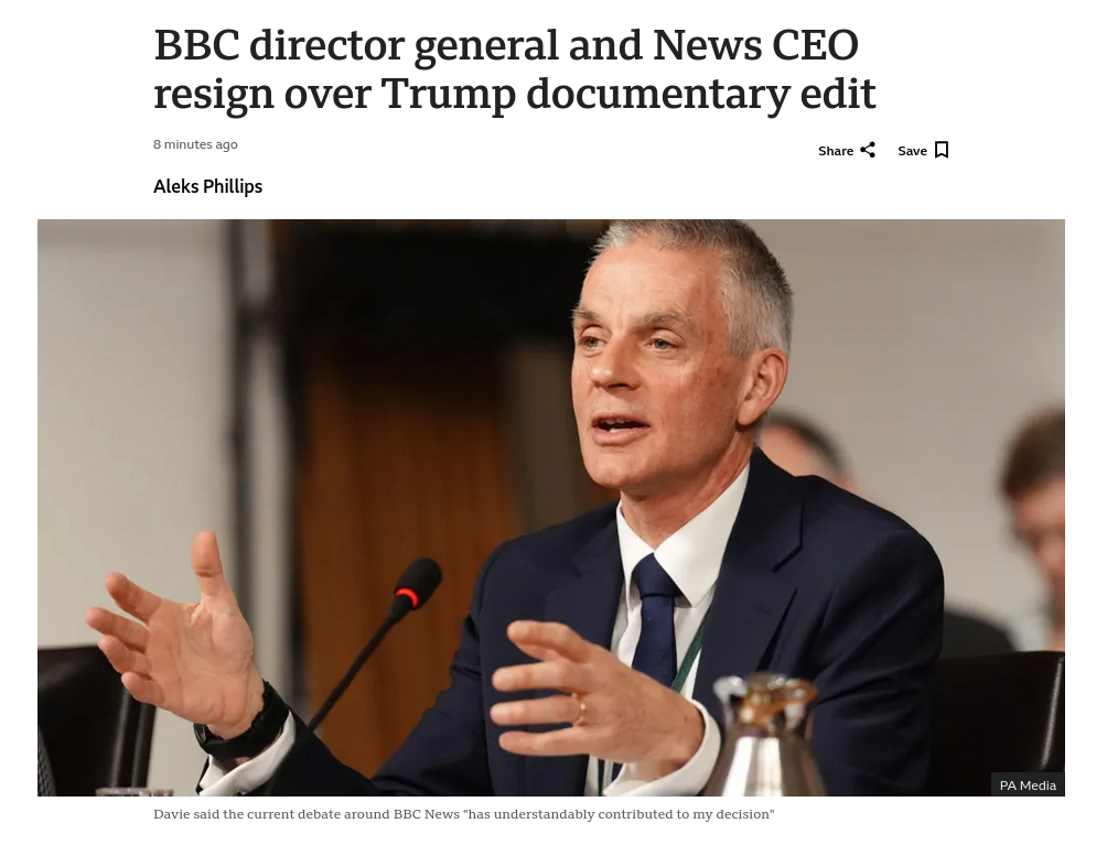 Знімок заголовка на bbc.com &ndash; гендиректор медіакорпорації Тім Деві звільняється після скандалу з Трампом