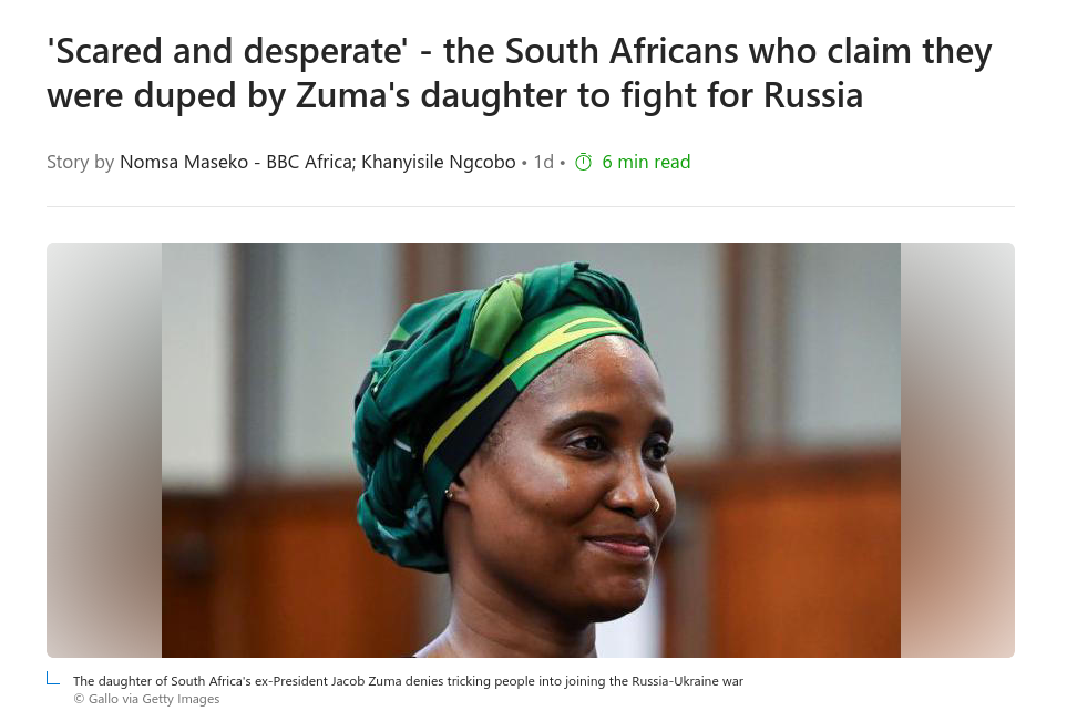 Знімок заголовка на msn.com - у ПАР вербували африканців на війну з Україною на боці Росії