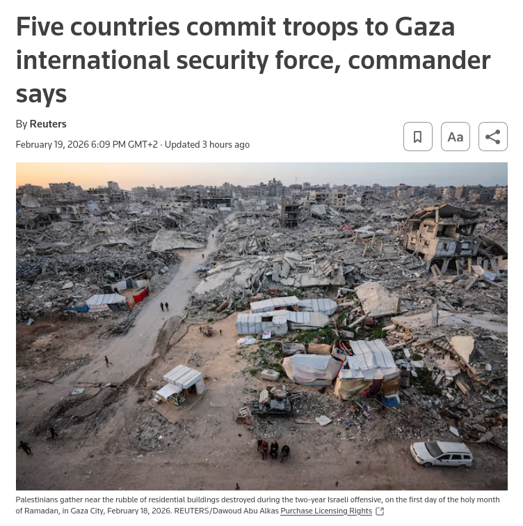 Знімок заголовка на reuters.com &ndash; П'ять країн направлять миротворців у сектор Газа