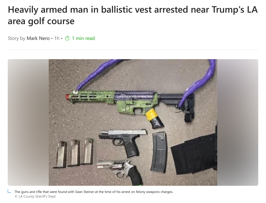 Знімок заголовка на msn.com &ndash; Біля гольф-клубу Трампа затримали чоловіка, обвішаного зброєю
