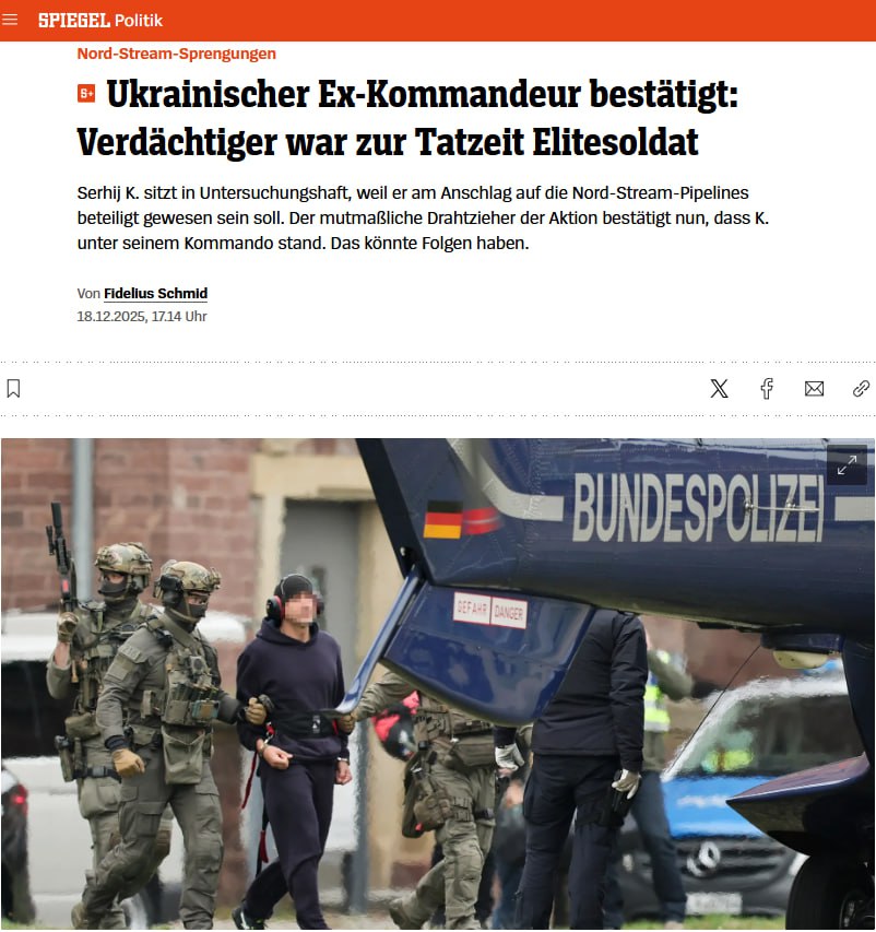 Снимок заголовка на spiegel.de - Подозреваемый в подрыве газопровода Северный поток служил в спецподразделении ВСУ